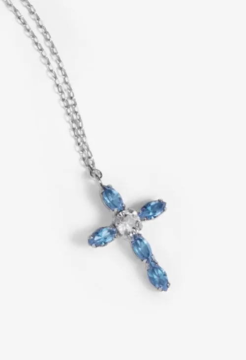 GARGANTILLA DE PLATA CRUZ CON PIEDRAS DE COLOR AZUL Y BLANCO 273_A372610HG