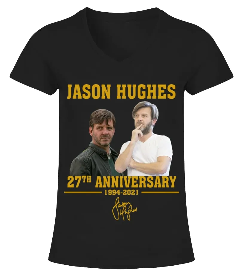 JASON HUGHES 27TH ANNIVERSARY Camiseta cuello pico Mujer