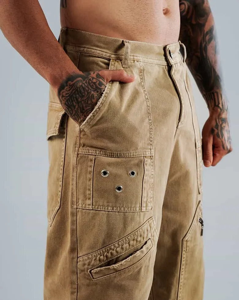 Jeans Para Hombre Beige Con Ojaletes