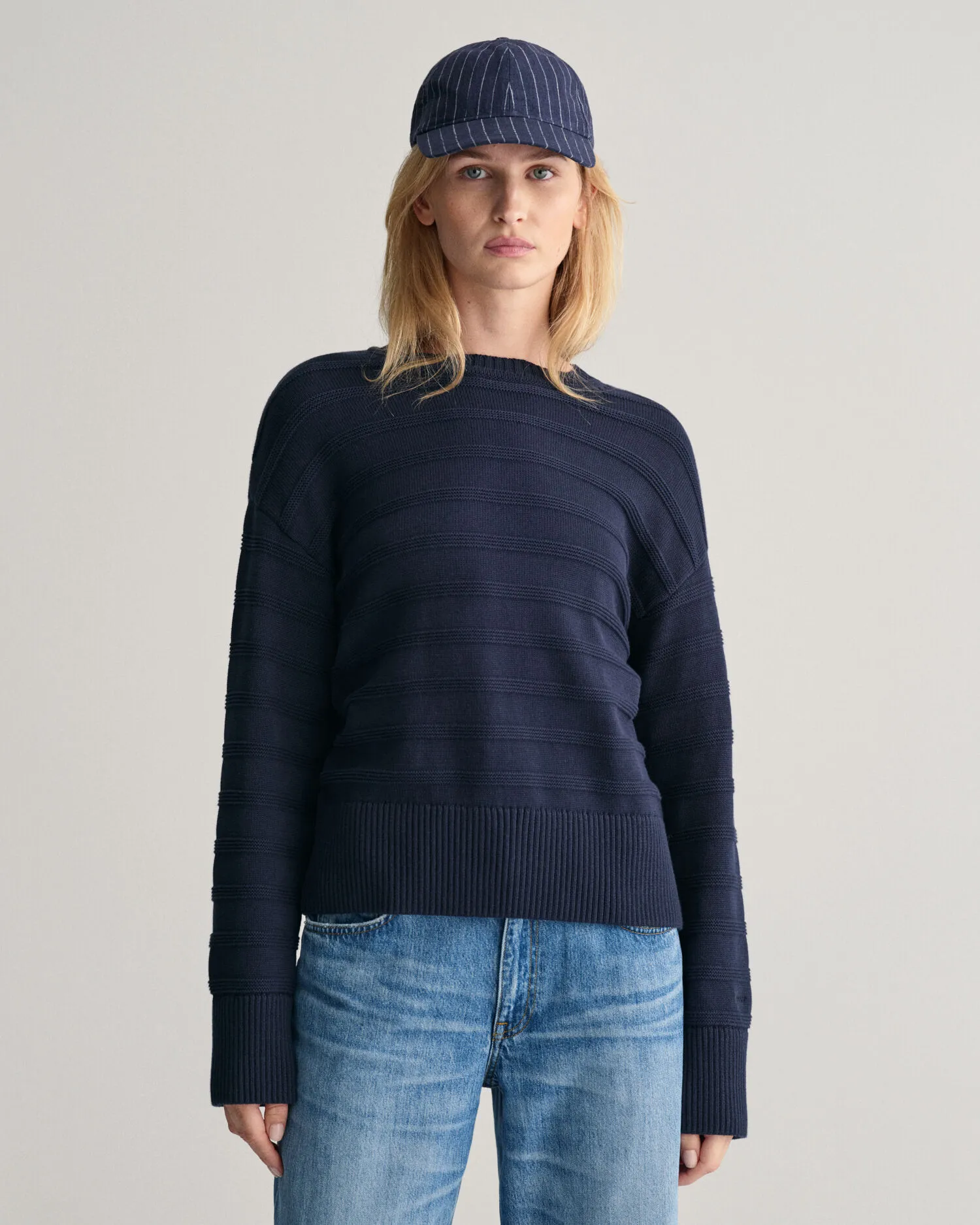Jersey de algodón a rayas con cuello redondo Tonal