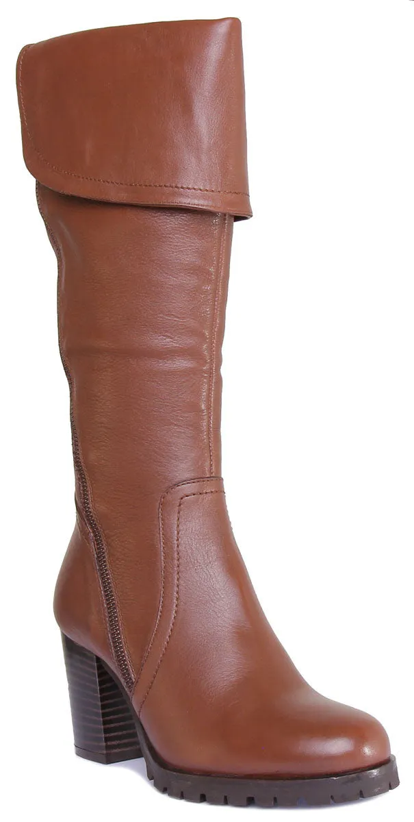 JUSTINREESS Celia Botas de piel de tacón medio con cremallera lateral para mujer en tostado