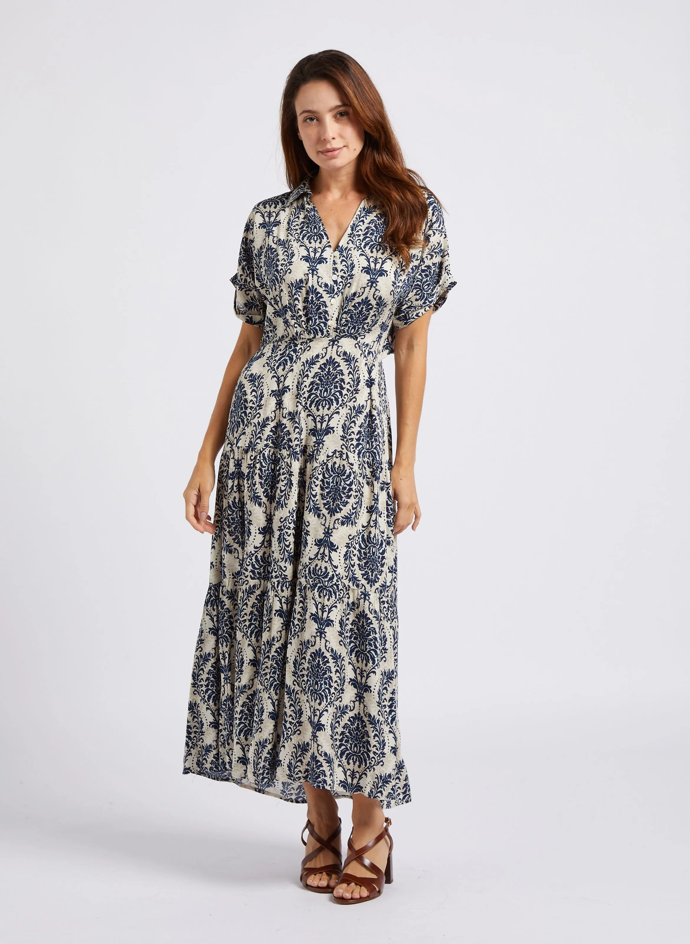 KARL MARC JOHN RAZANE  VESTIDO LARGO RECTO CUELLO CLáSICO ESTAMPADO EN AZUL