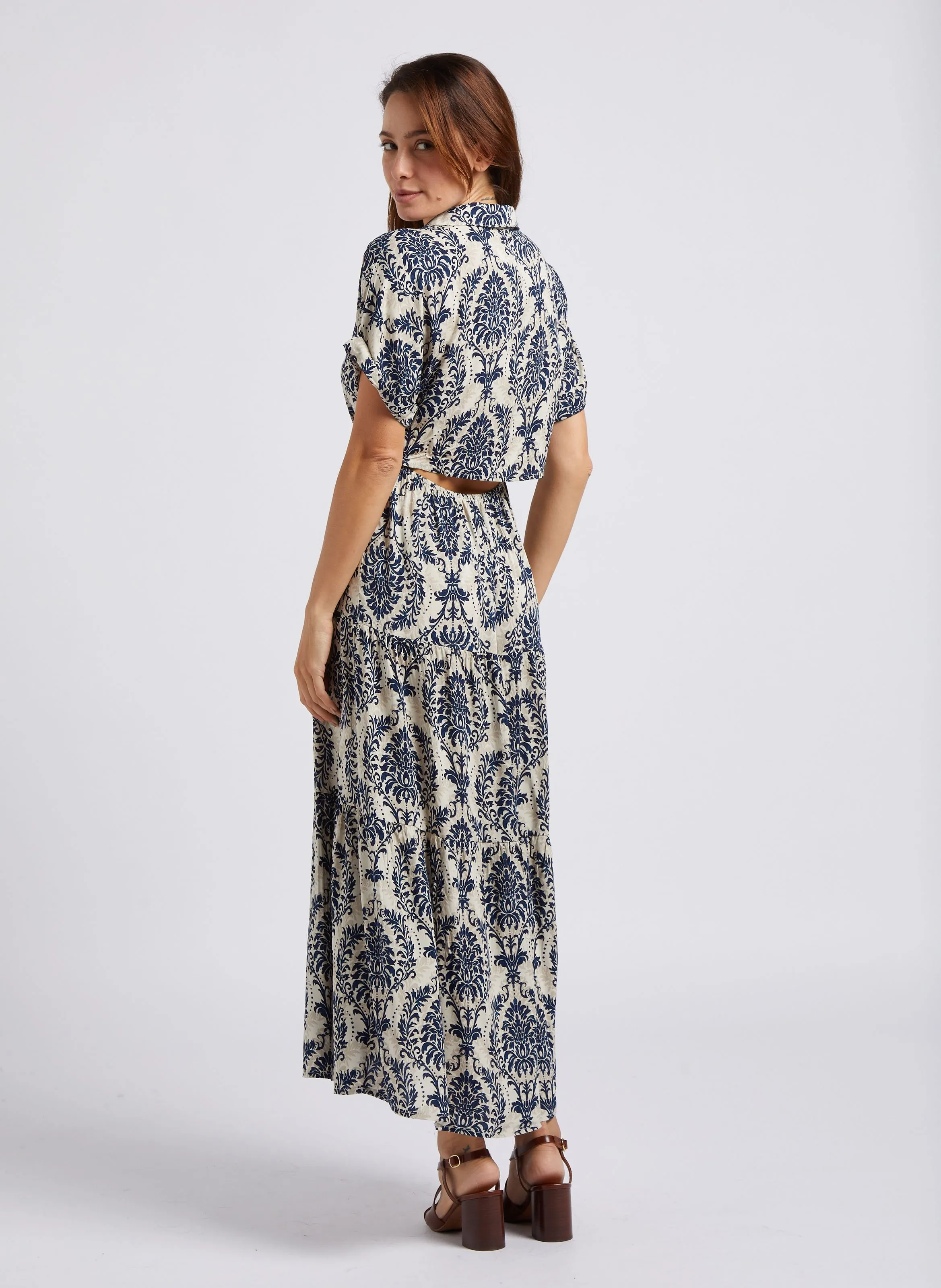 KARL MARC JOHN RAZANE  VESTIDO LARGO RECTO CUELLO CLáSICO ESTAMPADO EN AZUL