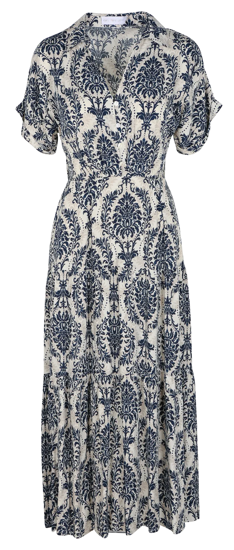 KARL MARC JOHN RAZANE  VESTIDO LARGO RECTO CUELLO CLáSICO ESTAMPADO EN AZUL
