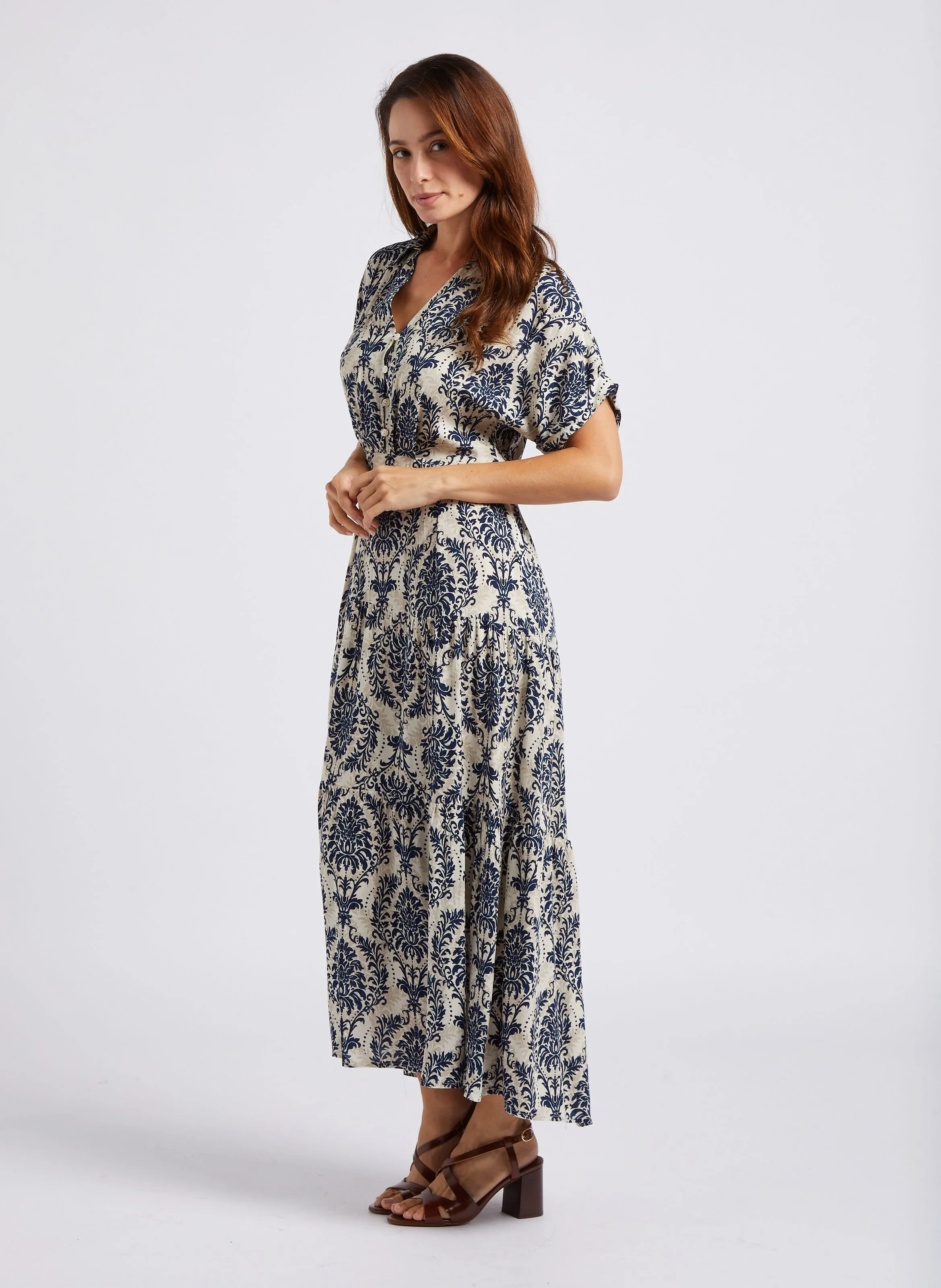 KARL MARC JOHN RAZANE  VESTIDO LARGO RECTO CUELLO CLáSICO ESTAMPADO EN AZUL