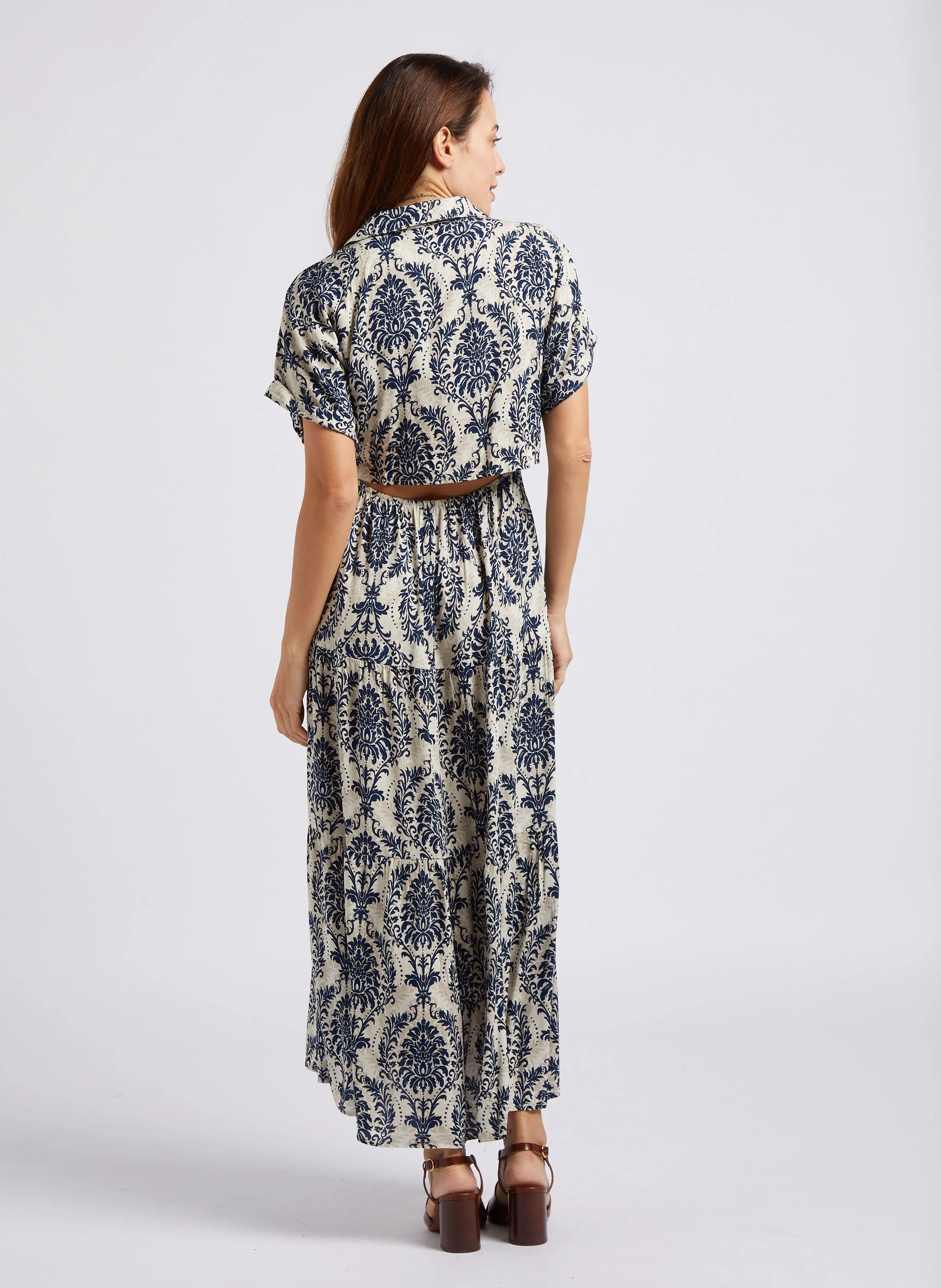 KARL MARC JOHN RAZANE  VESTIDO LARGO RECTO CUELLO CLáSICO ESTAMPADO EN AZUL