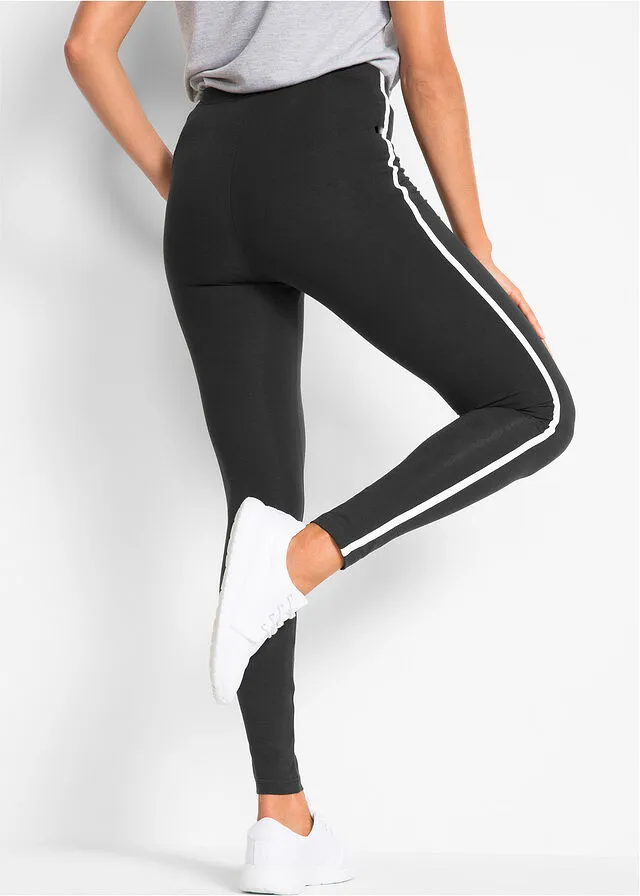 Leggings deportivos con rayas laterales en contraste, tobilleros Negro