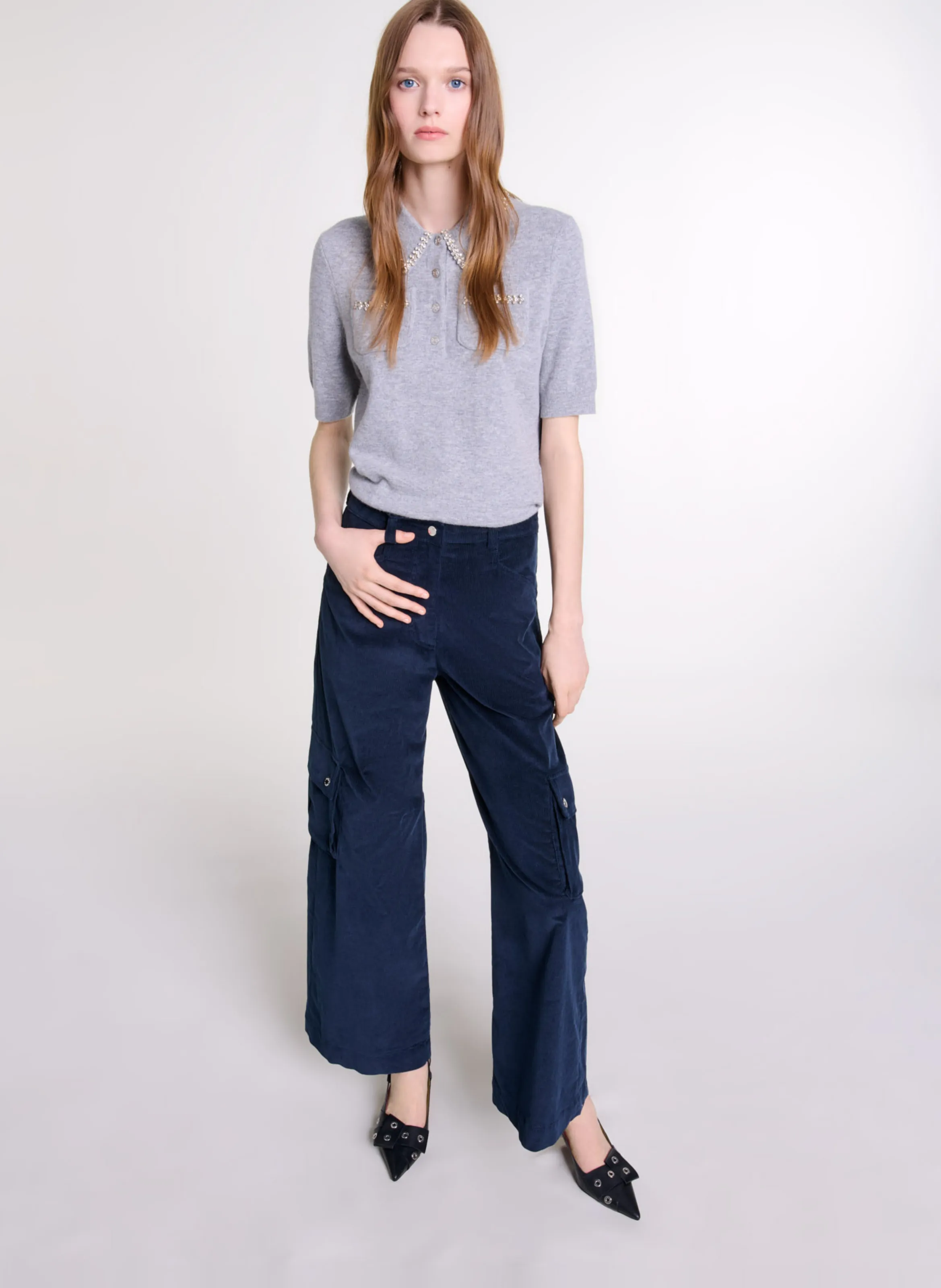 MAJE Pantalón militar de mezcla de algodón en azul