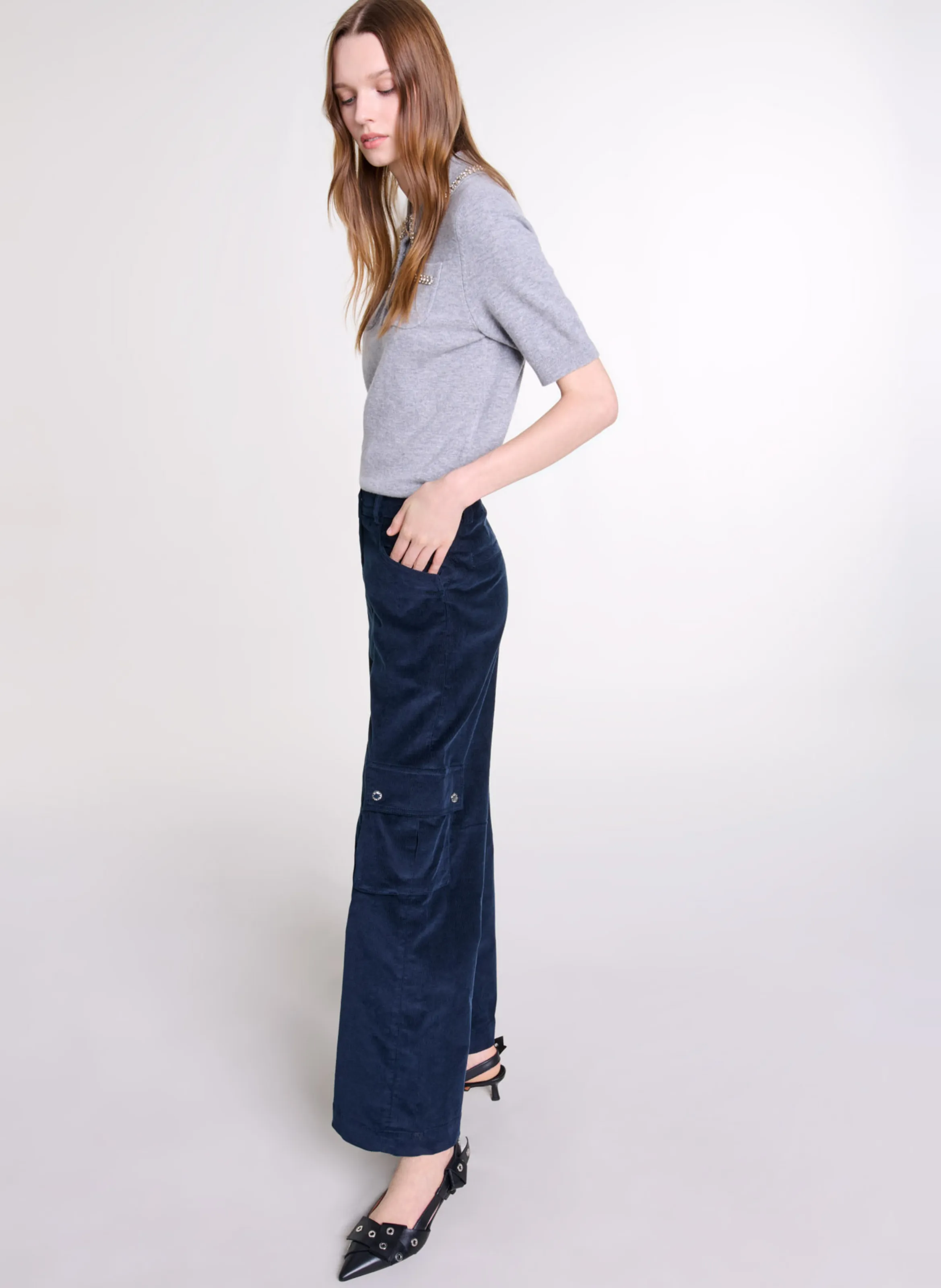 MAJE Pantalón militar de mezcla de algodón en azul