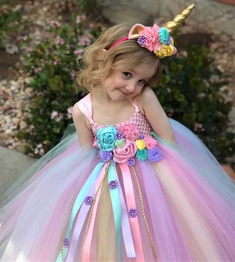 Niñas Pastel Unicornio Flor Tutu Vestido Niños Crochet Tul Correa Vestido Vestido de baile con cintas de margarita Niños Fiesta 