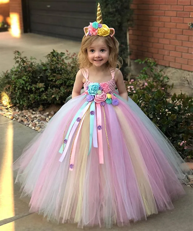 Niñas Pastel Unicornio Flor Tutu Vestido Niños Crochet Tul Correa Vestido Vestido de baile con cintas de margarita Niños Fiesta 