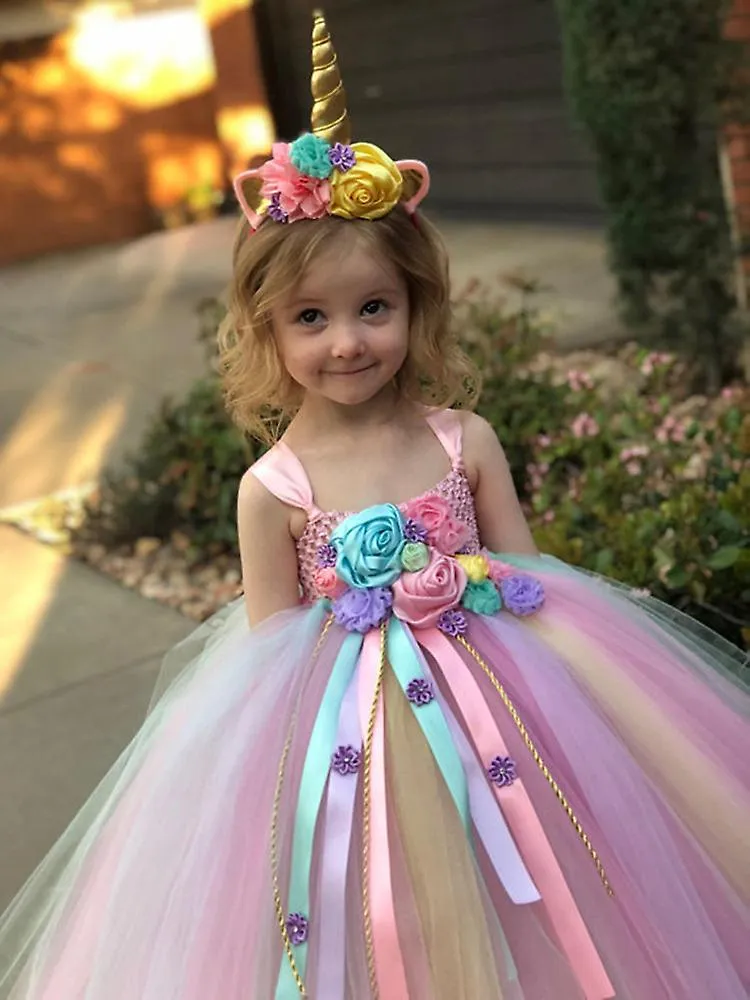 Niñas Pastel Unicornio Flor Tutu Vestido Niños Crochet Tul Correa Vestido Vestido de baile con cintas de margarita Niños Fiesta 