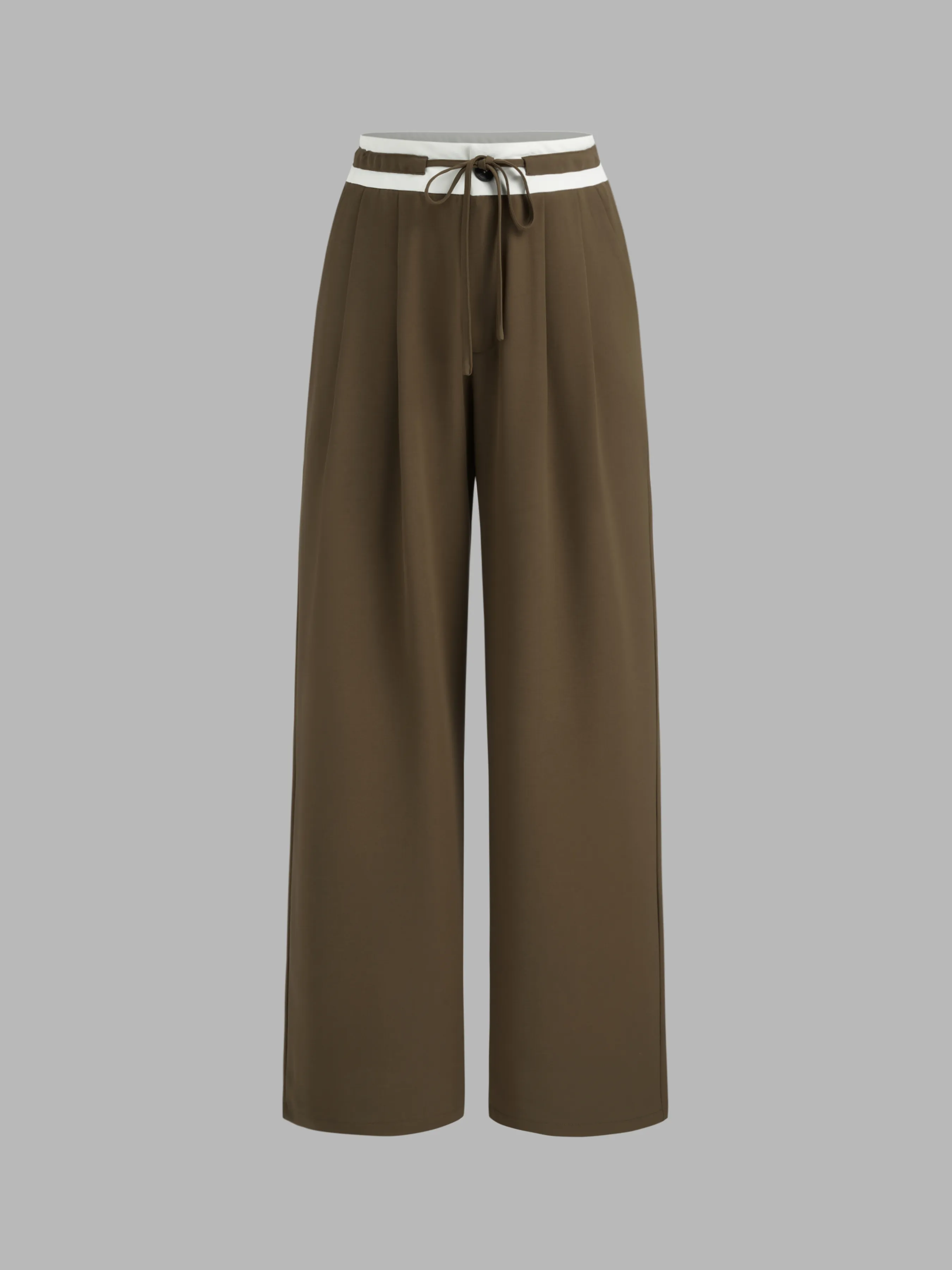Pantalón ancho de tiro medio tejido en color sólido con ribete contrastante