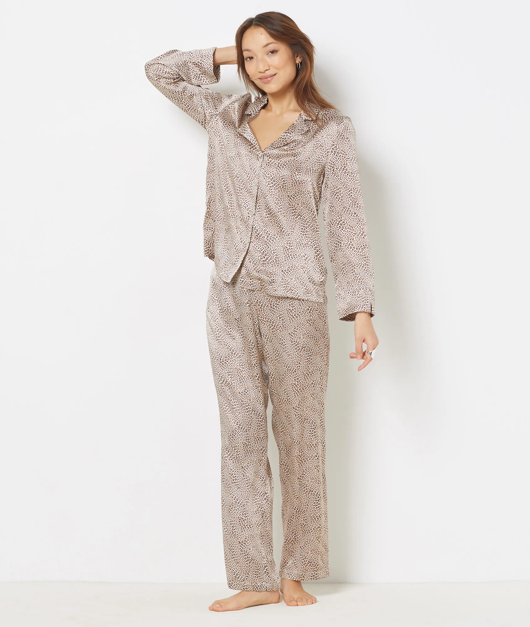 PANTALóN DE SEDA, ESTAMPADO ANIMAL PRINT PEARLY IMP FD MARRON  ETAM