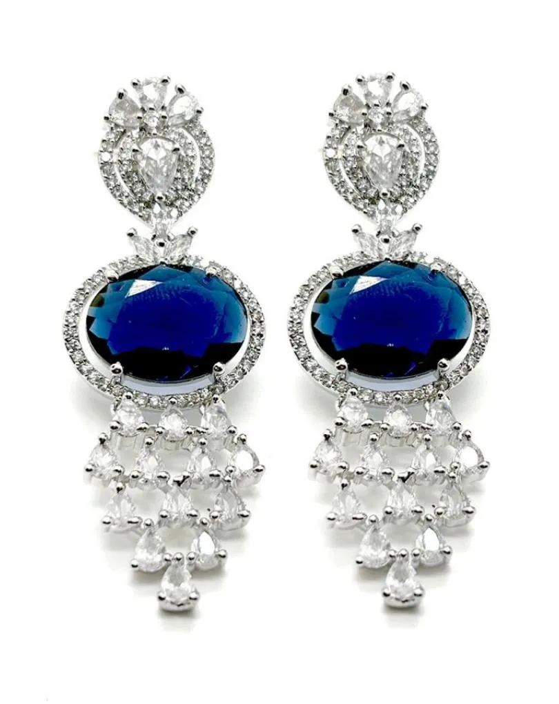 PENDIENTES LARGOS AZUL ZAFIRO CON PIEDRA OVALADA PARA BODAS