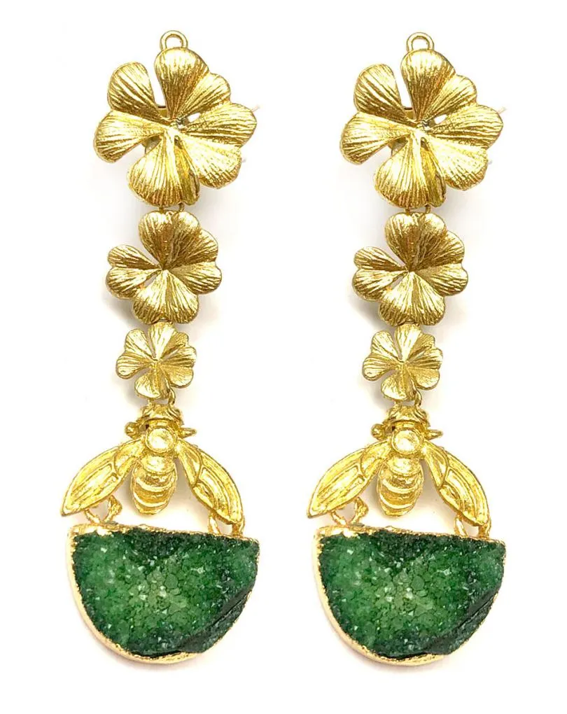 PENDIENTES LARGOS DORADOS Y VERDES CON INSECTOS Y FLORES
