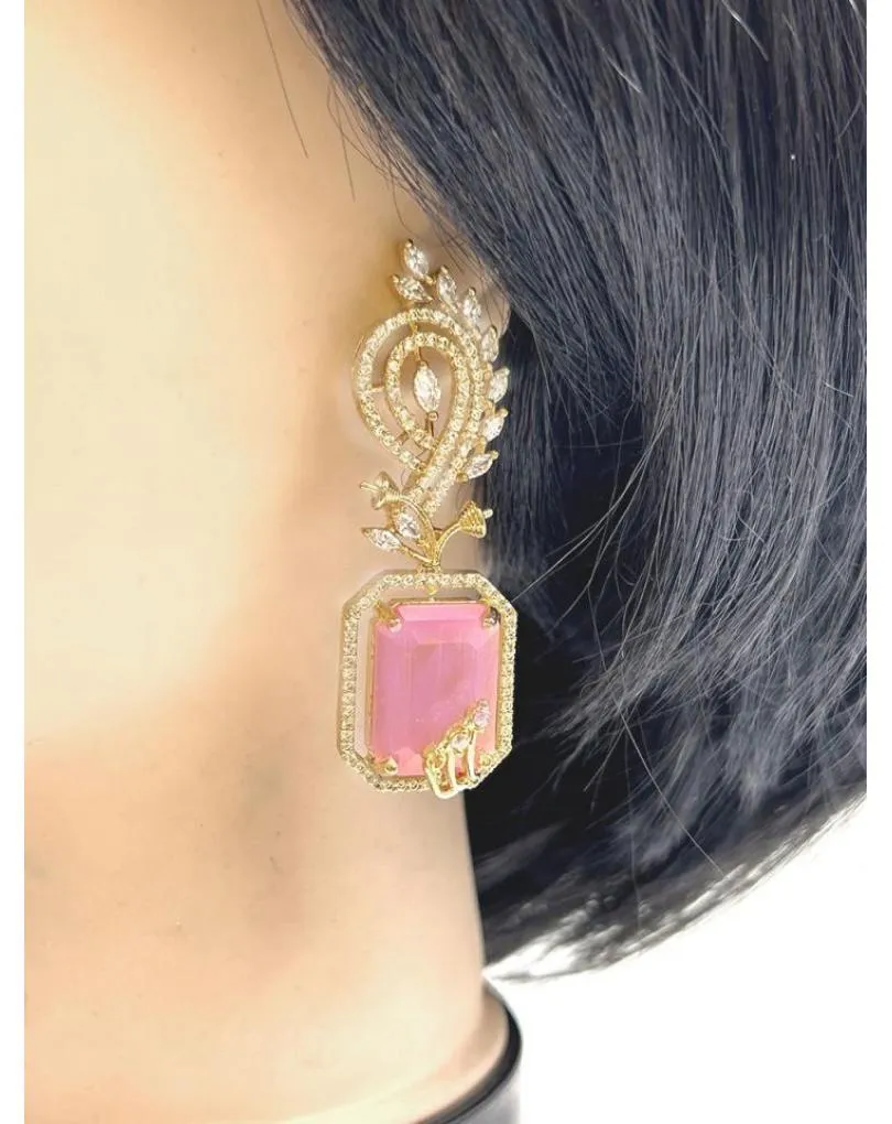 PENDIENTES LARGOS ROSAS Y CIRCONITAS ELEGANTISIMO PARA BODAS