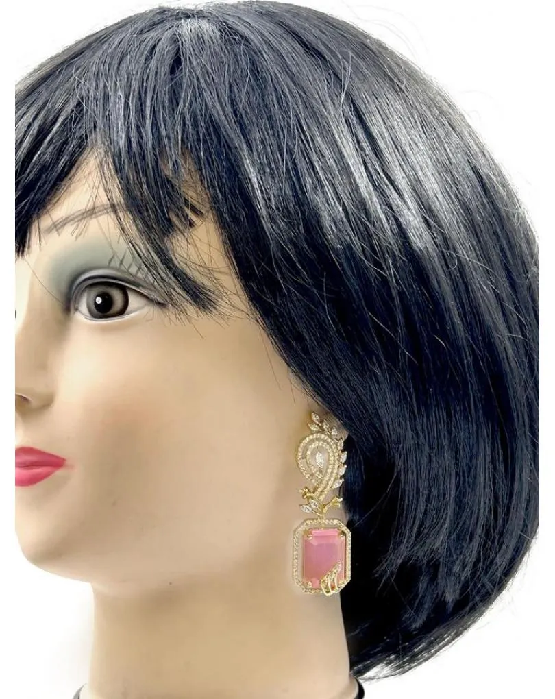 PENDIENTES LARGOS ROSAS Y CIRCONITAS ELEGANTISIMO PARA BODAS