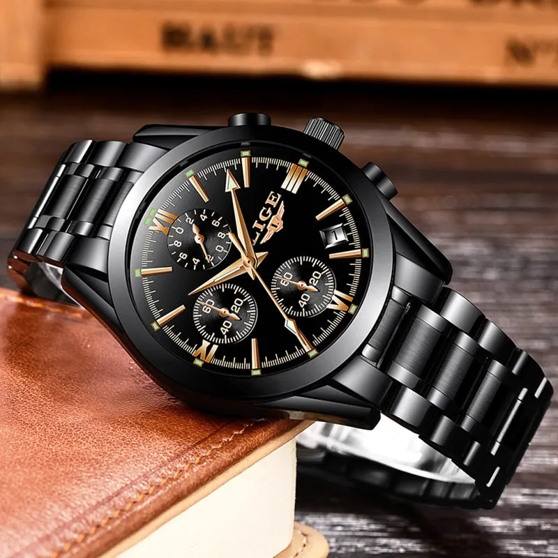 Reloj para Hombre Mens Watches Fashion Business Quartz Watch Men Sports Full Steel Waterproof Black Clock Relogio Masculino