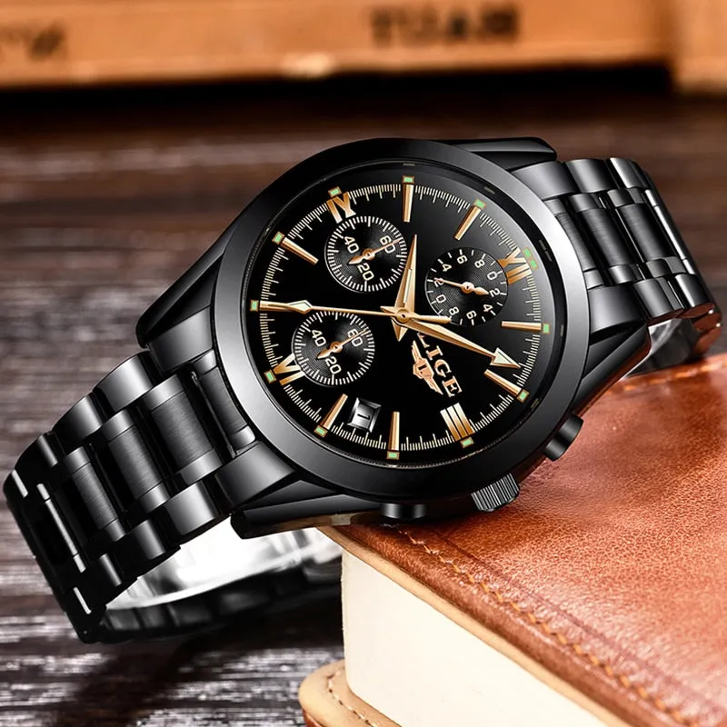 Reloj para Hombre Mens Watches Fashion Business Quartz Watch Men Sports Full Steel Waterproof Black Clock Relogio Masculino
