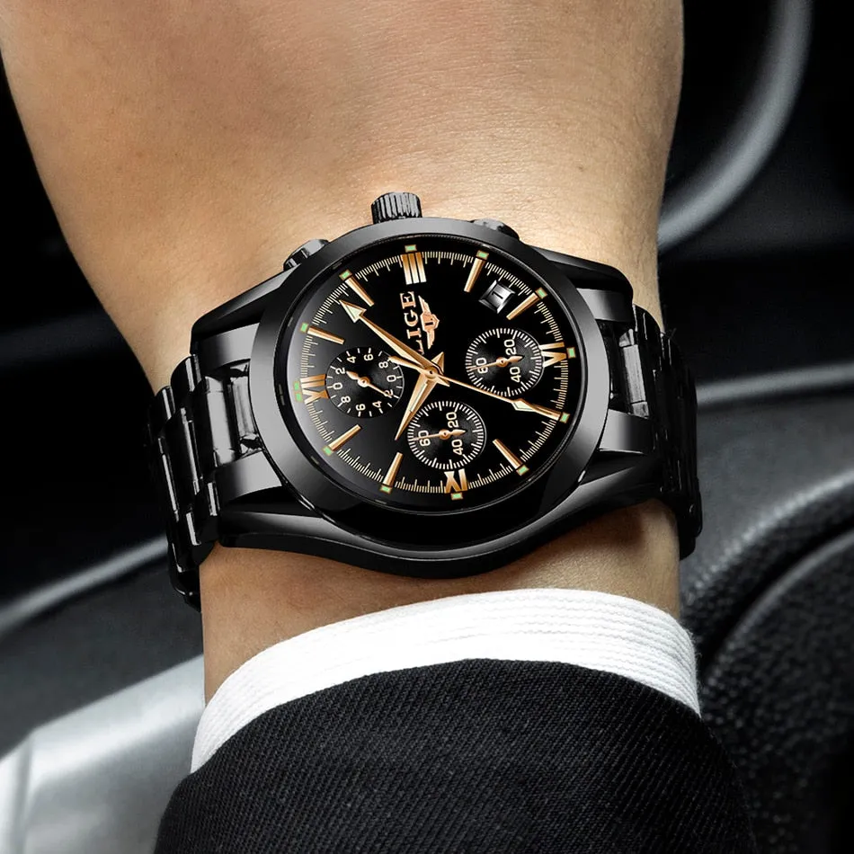 Reloj para Hombre Mens Watches Fashion Business Quartz Watch Men Sports Full Steel Waterproof Black Clock Relogio Masculino