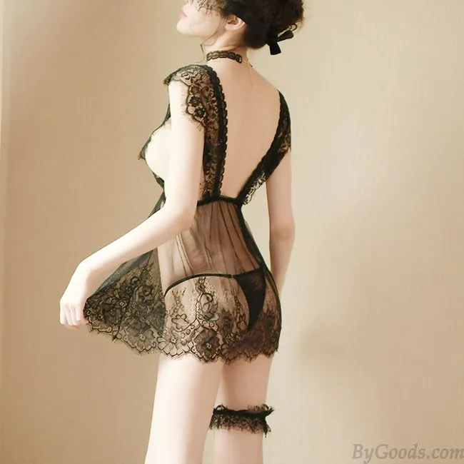 Sexy Temptation Backless Pajamas Nightgown Chemise Eyelash Lace Perspective Women Intimate Lingerie