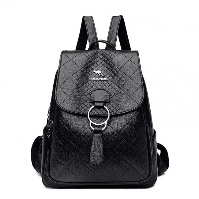 Sheer Kangaroo Grid Metal Ring Buckle Satchel Bags Purse For Women Soft Leather Shopping Backpack 