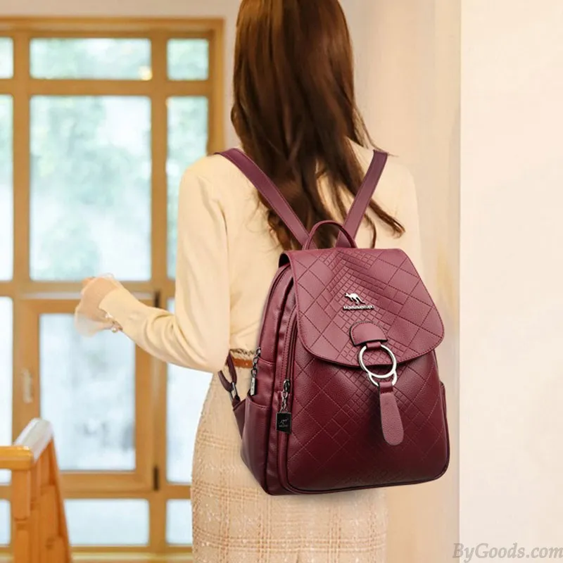 Sheer Kangaroo Grid Metal Ring Buckle Satchel Bags Purse For Women Soft Leather Shopping Backpack 