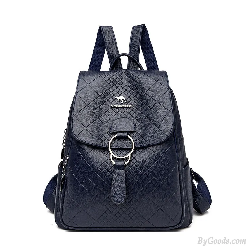 Sheer Kangaroo Grid Metal Ring Buckle Satchel Bags Purse For Women Soft Leather Shopping Backpack 