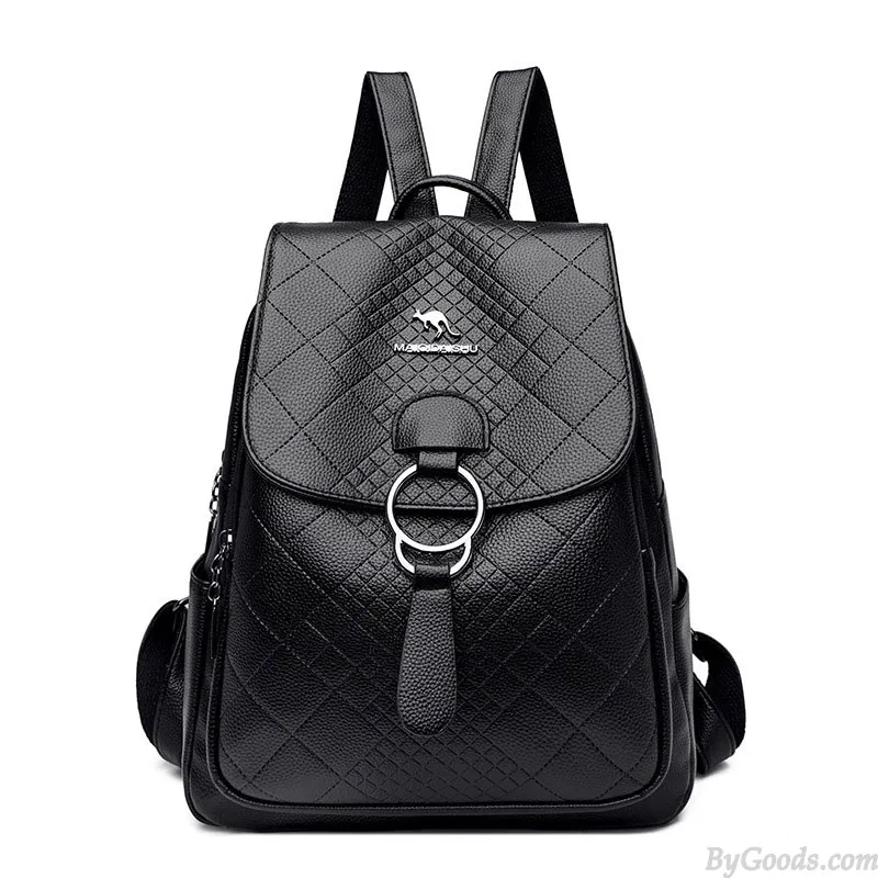 Sheer Kangaroo Grid Metal Ring Buckle Satchel Bags Purse For Women Soft Leather Shopping Backpack 