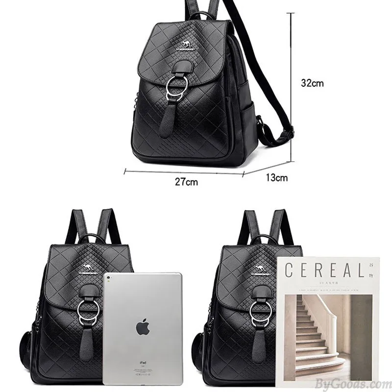 Sheer Kangaroo Grid Metal Ring Buckle Satchel Bags Purse For Women Soft Leather Shopping Backpack 