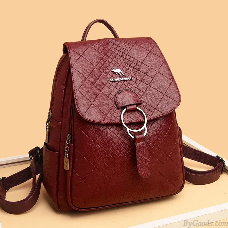 Sheer Kangaroo Grid Metal Ring Buckle Satchel Bags Purse For Women Soft Leather Shopping Backpack 