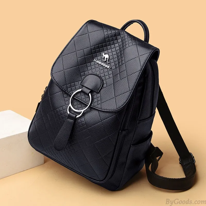 Sheer Kangaroo Grid Metal Ring Buckle Satchel Bags Purse For Women Soft Leather Shopping Backpack 
