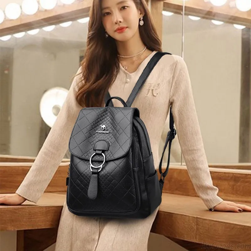 Sheer Kangaroo Grid Metal Ring Buckle Satchel Bags Purse For Women Soft Leather Shopping Backpack 