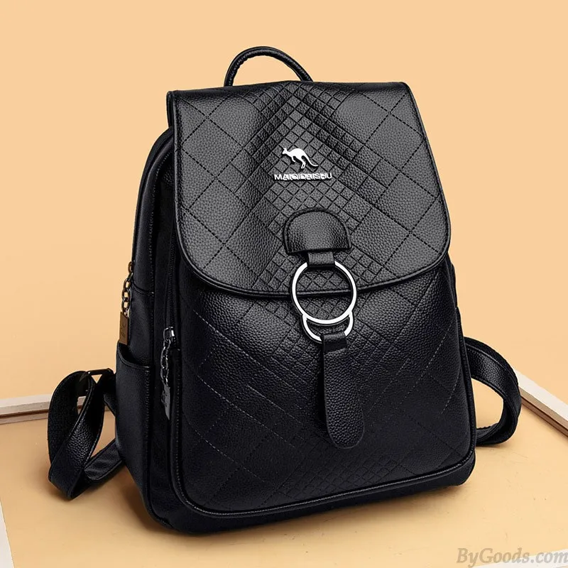 Sheer Kangaroo Grid Metal Ring Buckle Satchel Bags Purse For Women Soft Leather Shopping Backpack 