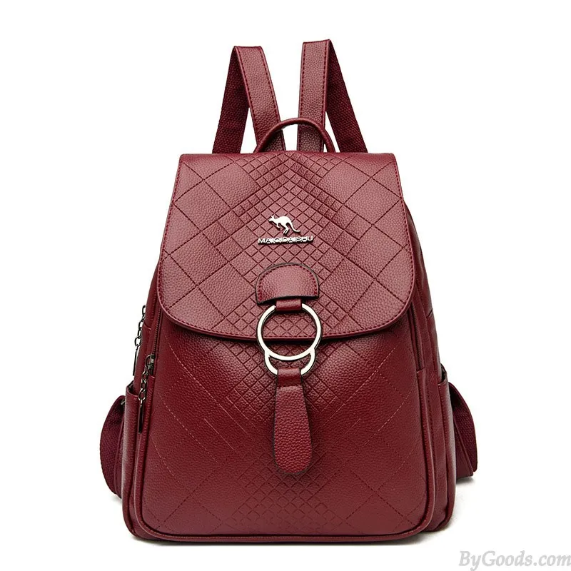 Sheer Kangaroo Grid Metal Ring Buckle Satchel Bags Purse For Women Soft Leather Shopping Backpack 