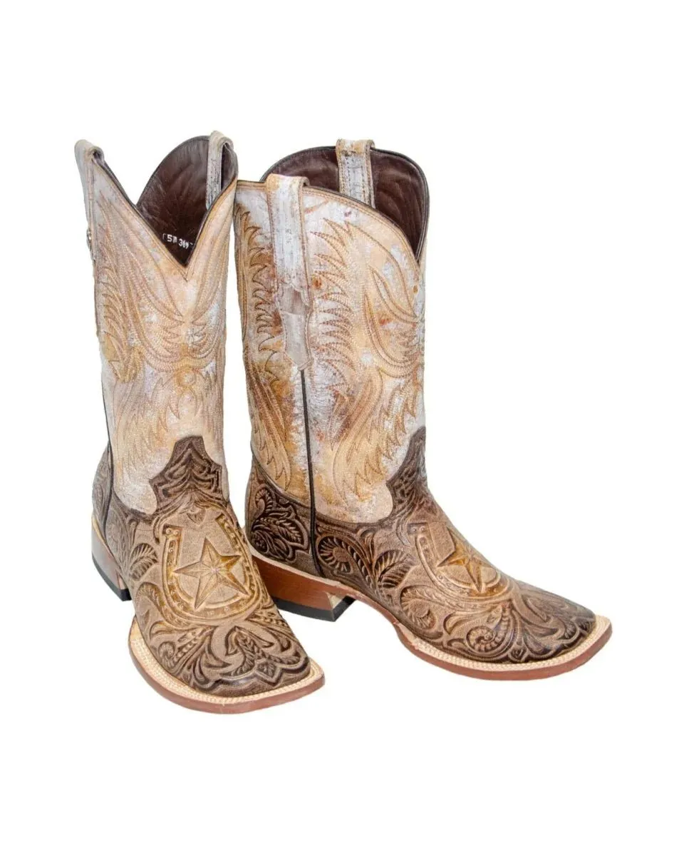 Tanner Mark Men's Hand Tooled Square Toe Boots Mocha