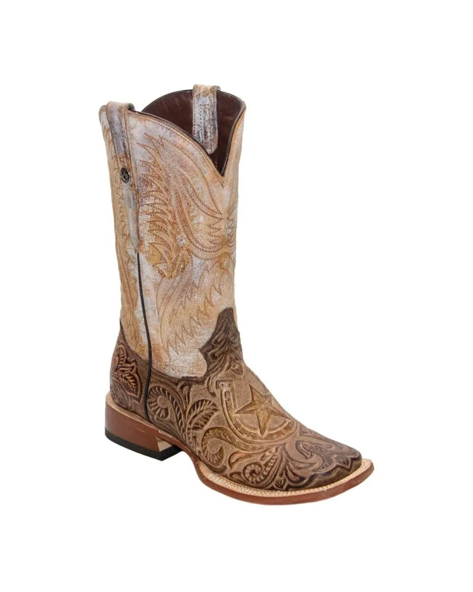 Tanner Mark Men's Hand Tooled Square Toe Boots Mocha