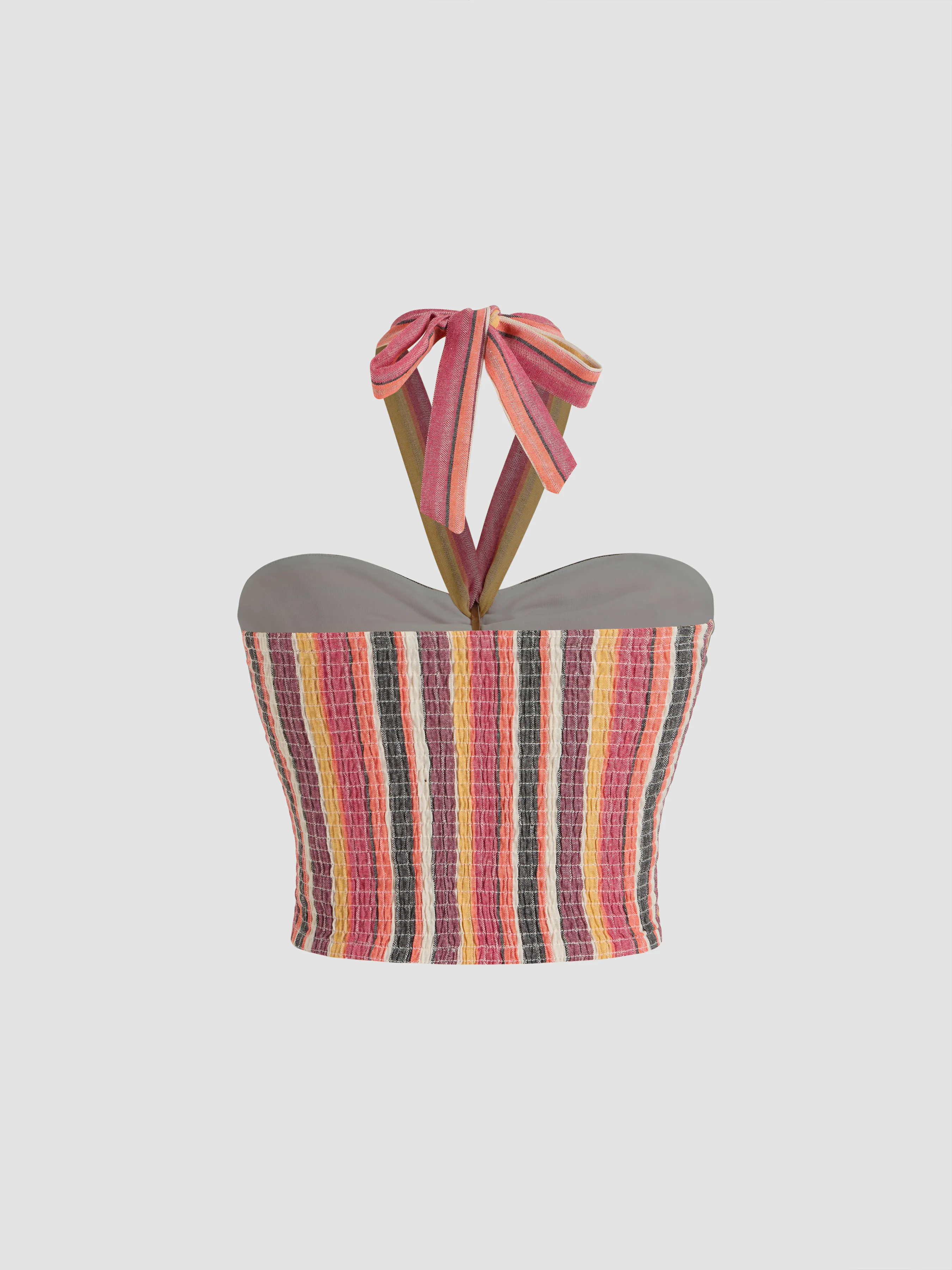Top Corto de Rayas con Cuello Halter y Fruncido Tejido