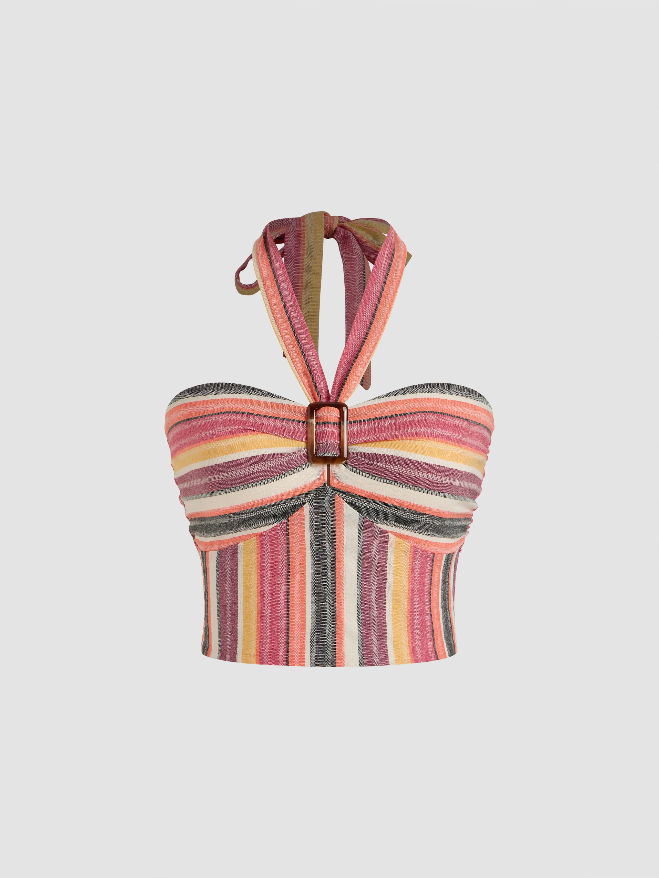 Top Corto de Rayas con Cuello Halter y Fruncido Tejido