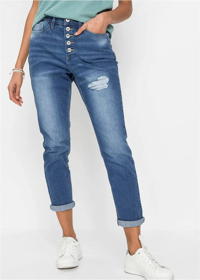 Vaqueros estilo boyfriend con efecto desgastado de algodón orgánico Azul piedra