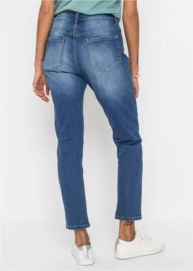 Vaqueros estilo boyfriend con efecto desgastado de algodón orgánico Azul piedra