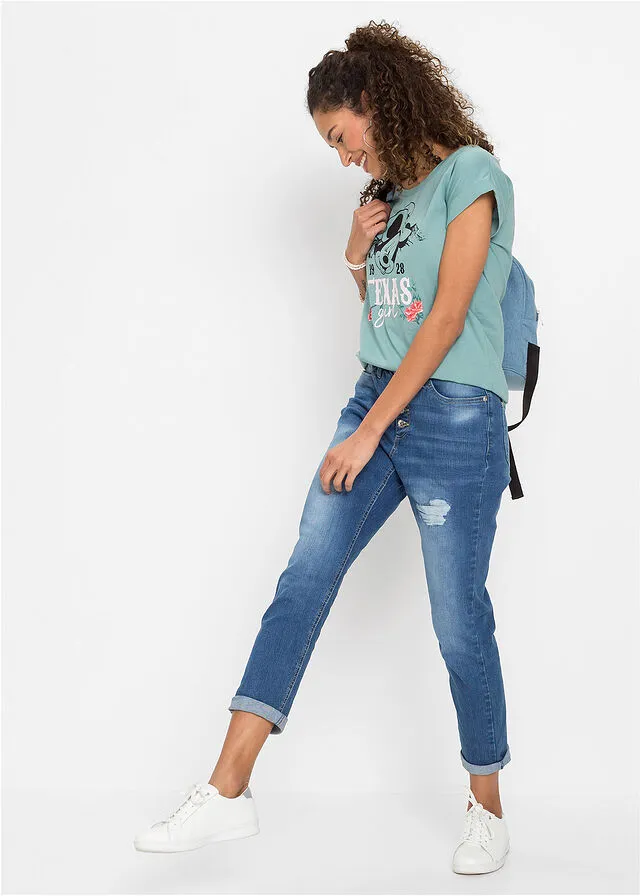 Vaqueros estilo boyfriend con efecto desgastado de algodón orgánico Azul piedra