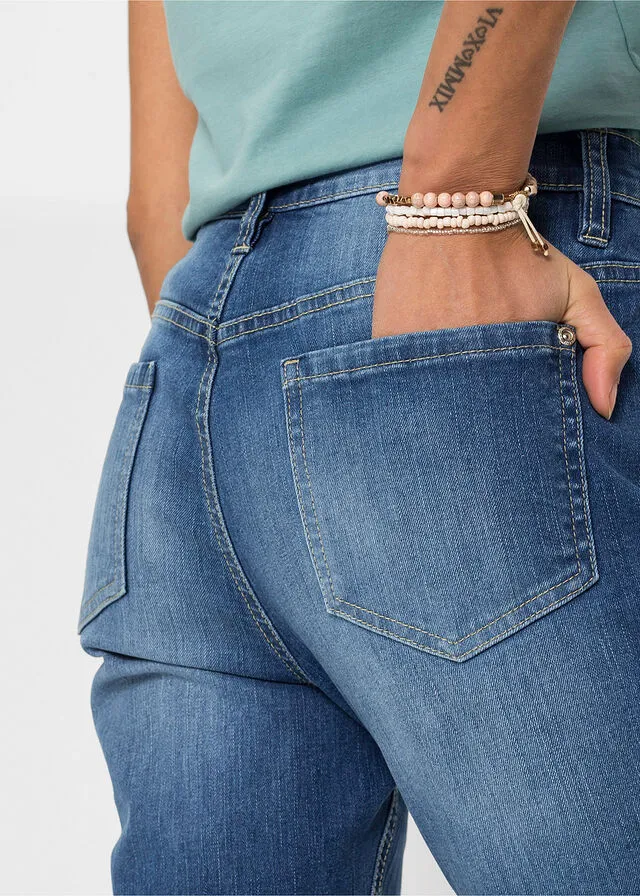 Vaqueros estilo boyfriend con efecto desgastado de algodón orgánico Azul piedra