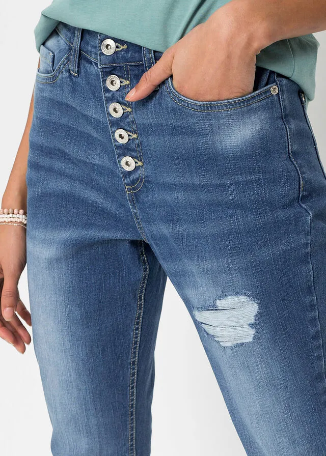 Vaqueros estilo boyfriend con efecto desgastado de algodón orgánico Azul piedra