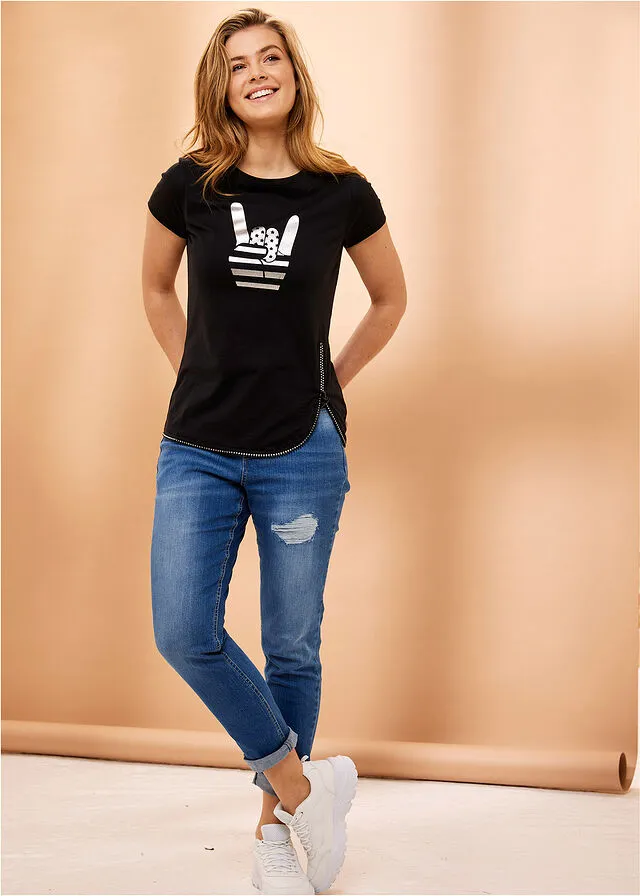 Vaqueros estilo boyfriend con efecto desgastado de algodón orgánico Azul piedra