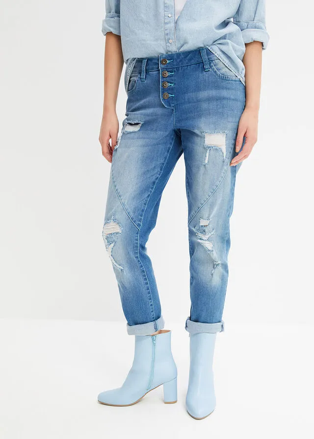 Vaqueros estilo boyfriend desgastados con poliéster reciclado Azul piedra