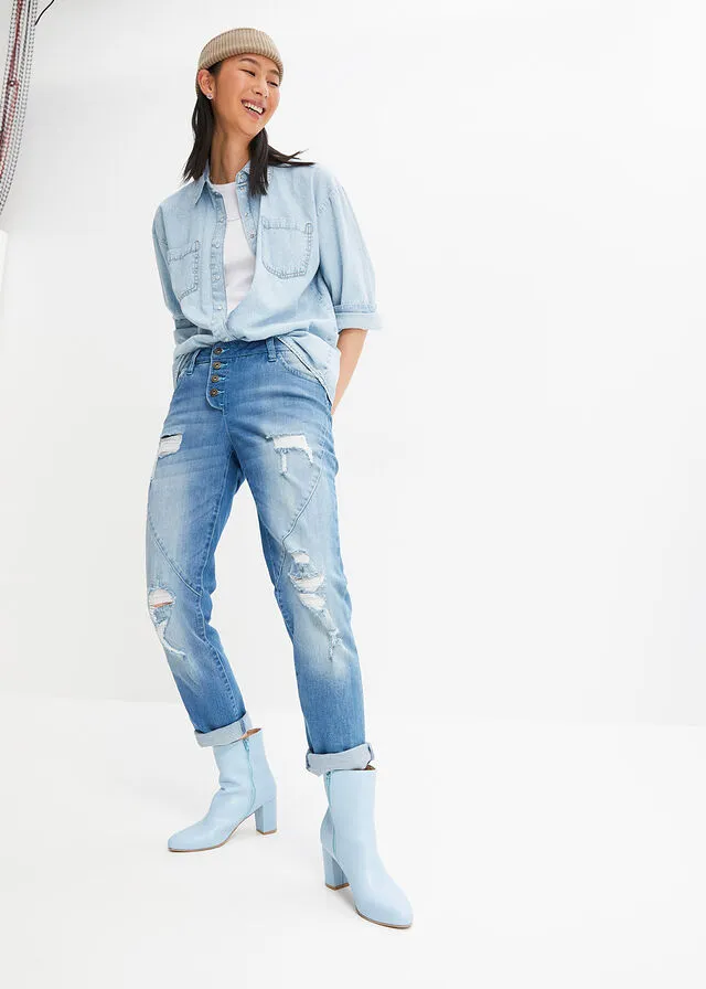 Vaqueros estilo boyfriend desgastados con poliéster reciclado Azul piedra