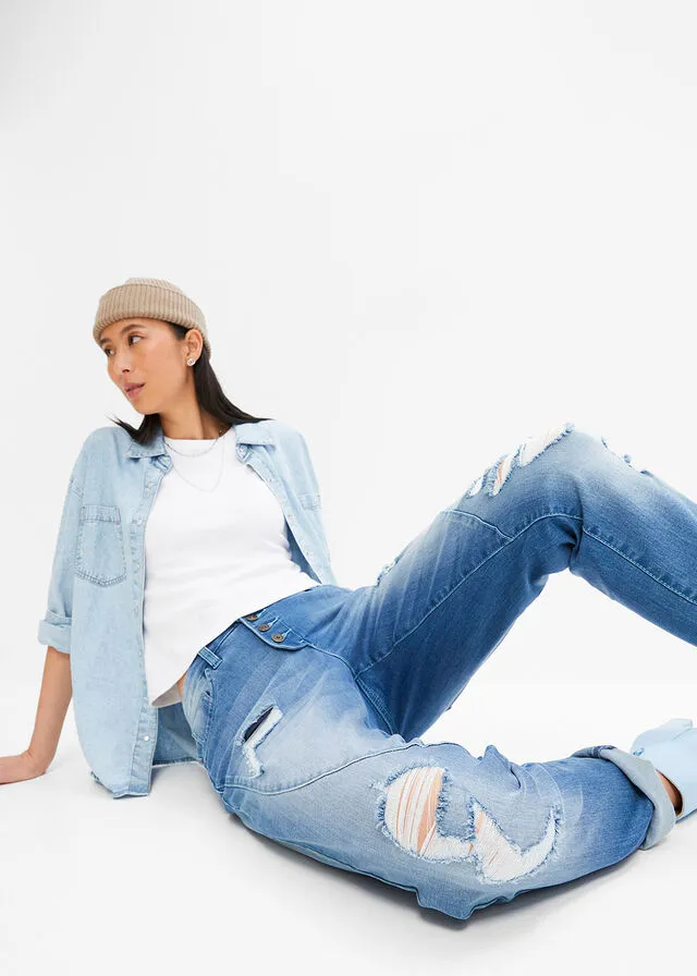 Vaqueros estilo boyfriend desgastados con poliéster reciclado Azul piedra