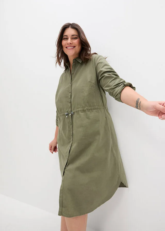 Vestido camisero con lino, goma elástica en la cintura, estilo militar y largo hasta la rodilla Verde oliva